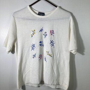 Womens Vintage Southern Lady Knit Floral Short‎ Sleeve Sweater White Blue M